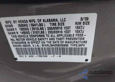 2009 Honda Odyssey Ex z USA, uszkodzony, nr VIN 5FNRL38429B050890